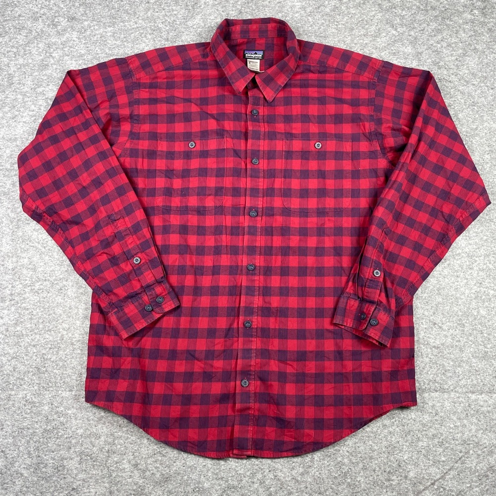 Patagonia Flannel Shirt Mens L Red Navy Blue Check Organic Cotton Button Down